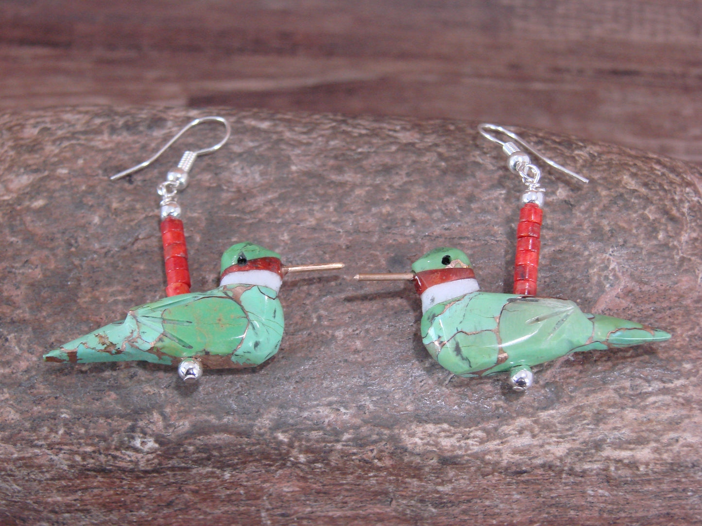 Hand Carved Bronze Infused Gaspeite Hummingbird Fetish Earrings by Matt Mitchell