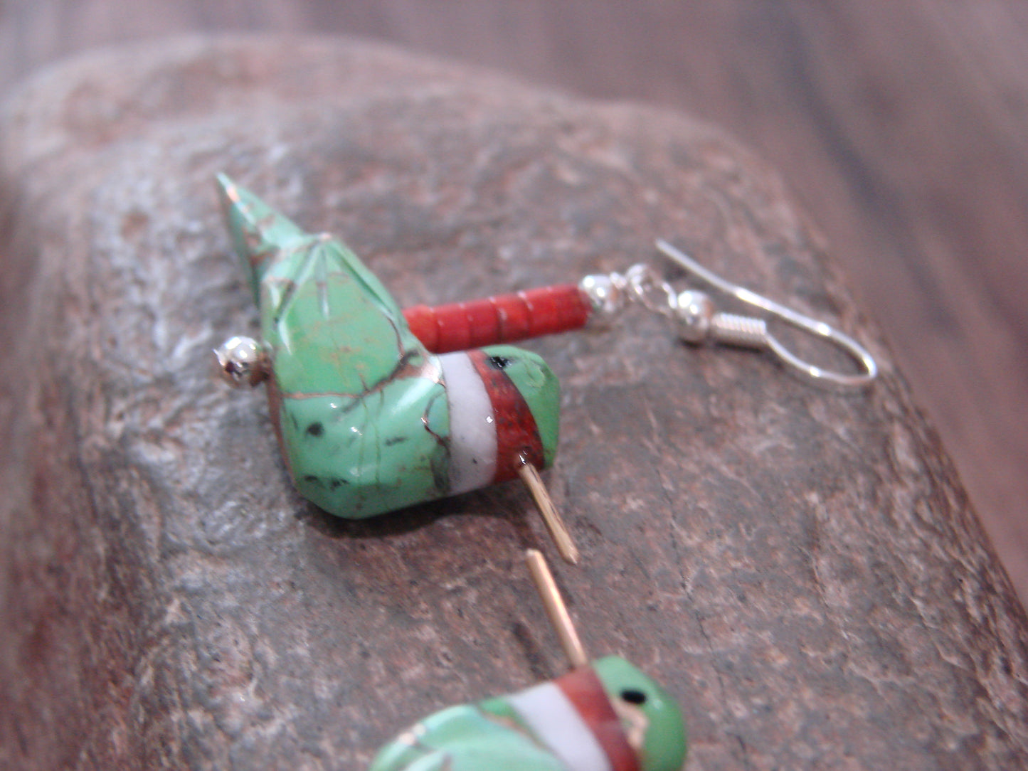 Hand Carved Bronze Infused Gaspeite Hummingbird Fetish Earrings by Matt Mitchell