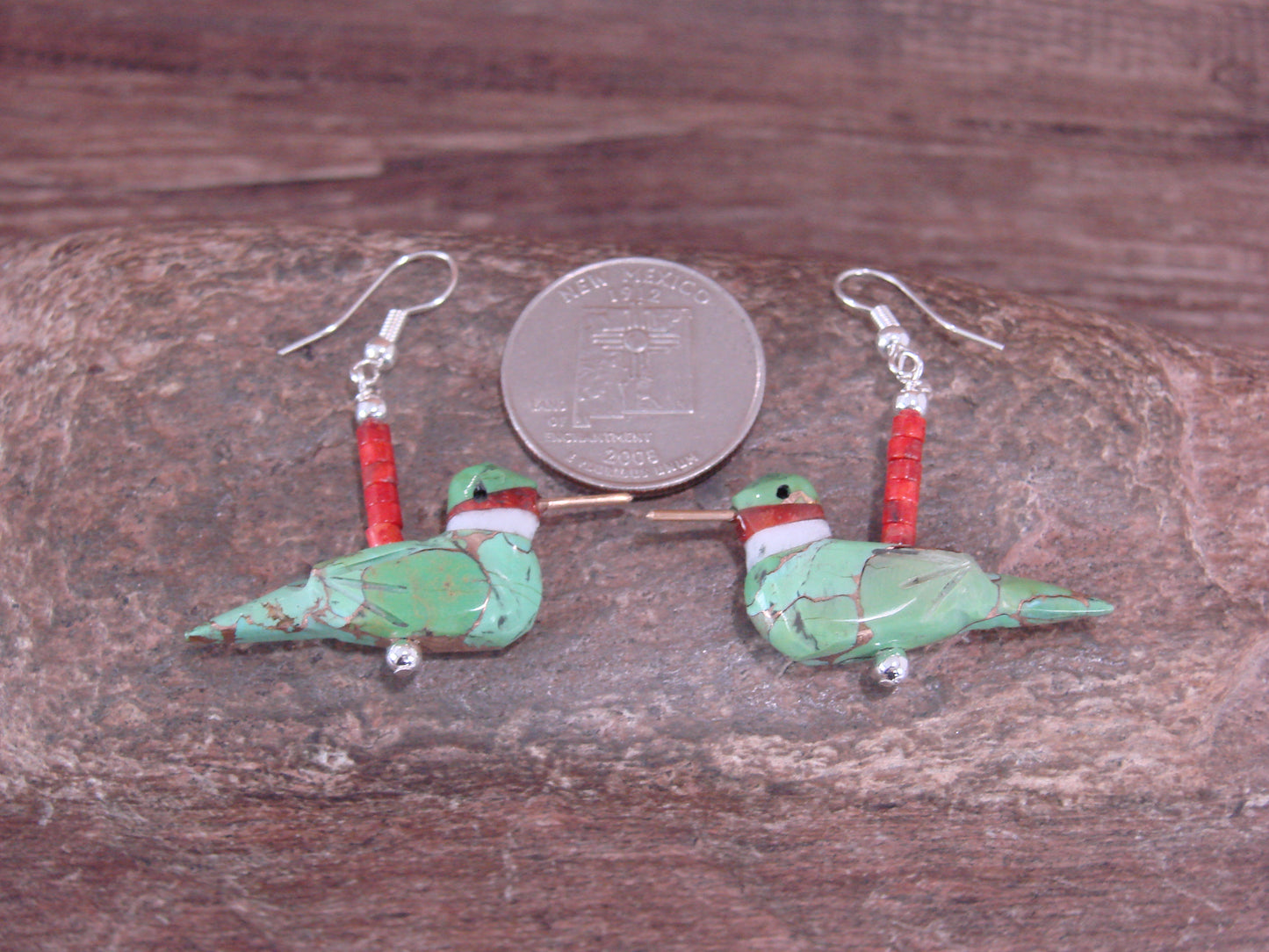 Hand Carved Bronze Infused Gaspeite Hummingbird Fetish Earrings by Matt Mitchell