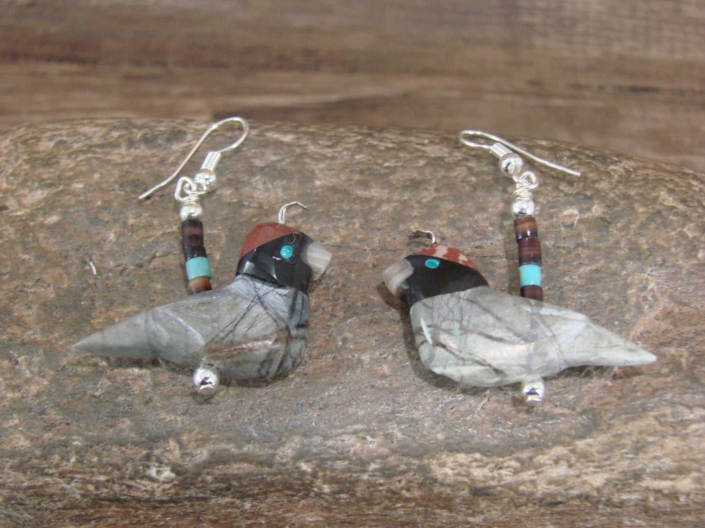 Hand Carved Picasso Marble Quail Fetish Earrings by Matt Mitchell