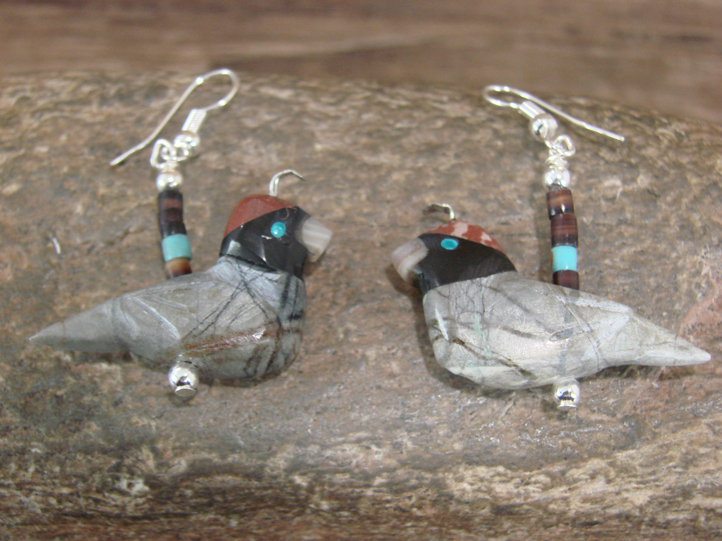 Hand Carved Picasso Marble Quail Fetish Earrings by Matt Mitchell
