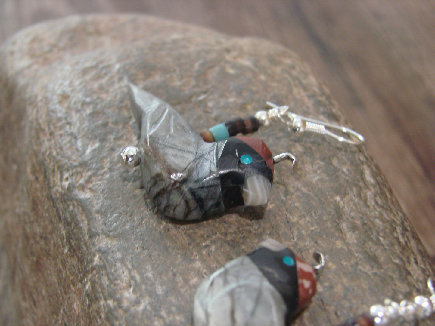 Hand Carved Picasso Marble Quail Fetish Earrings by Matt Mitchell