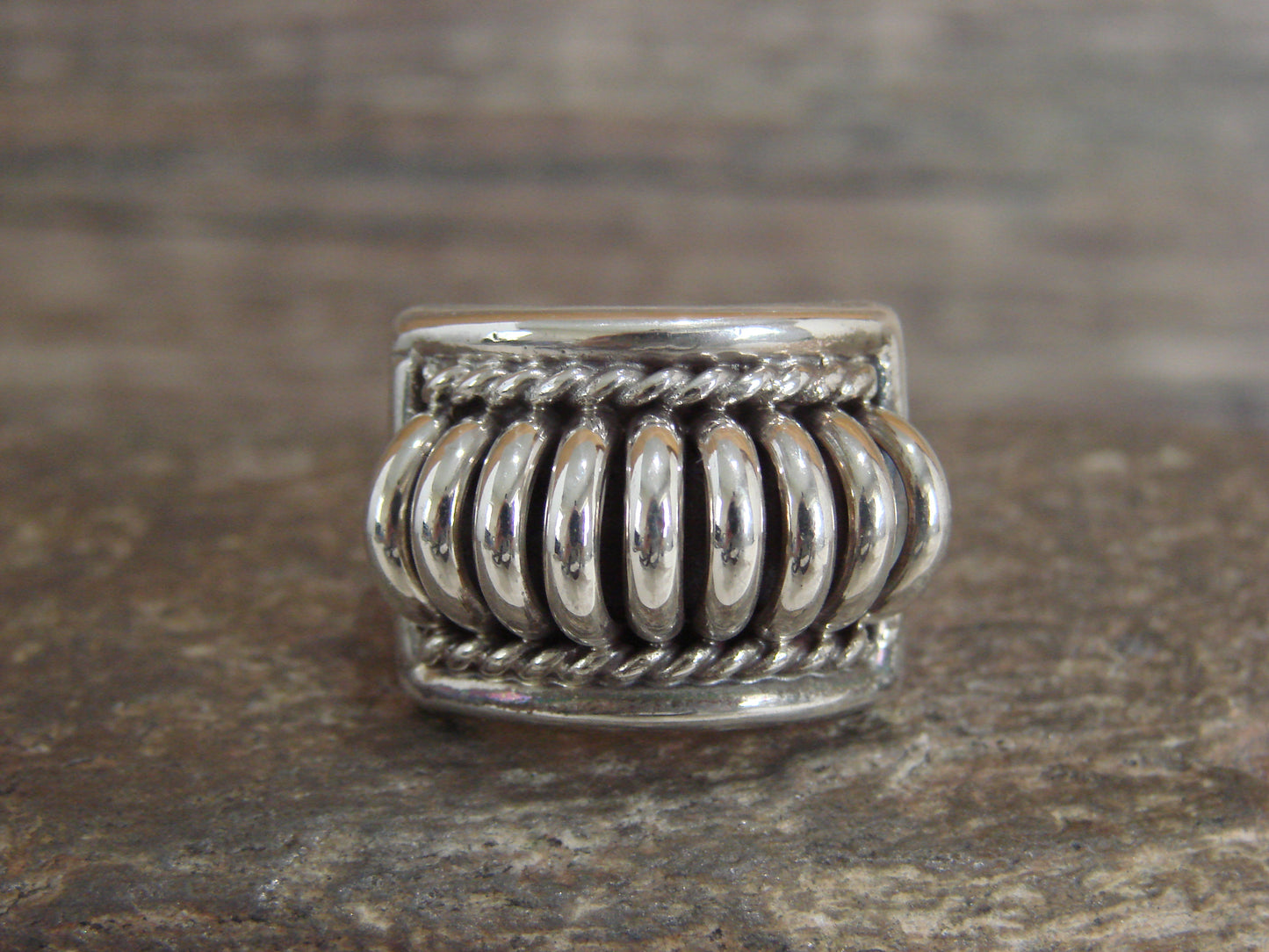 Navajo Sterling Silver Ribbed Melon Ring by Thomas Charley - Size 9
