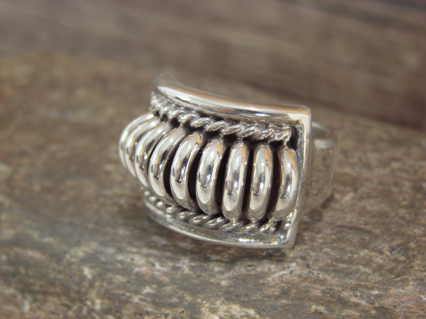 Navajo Sterling Silver Ribbed Melon Ring by Thomas Charley - Size 9