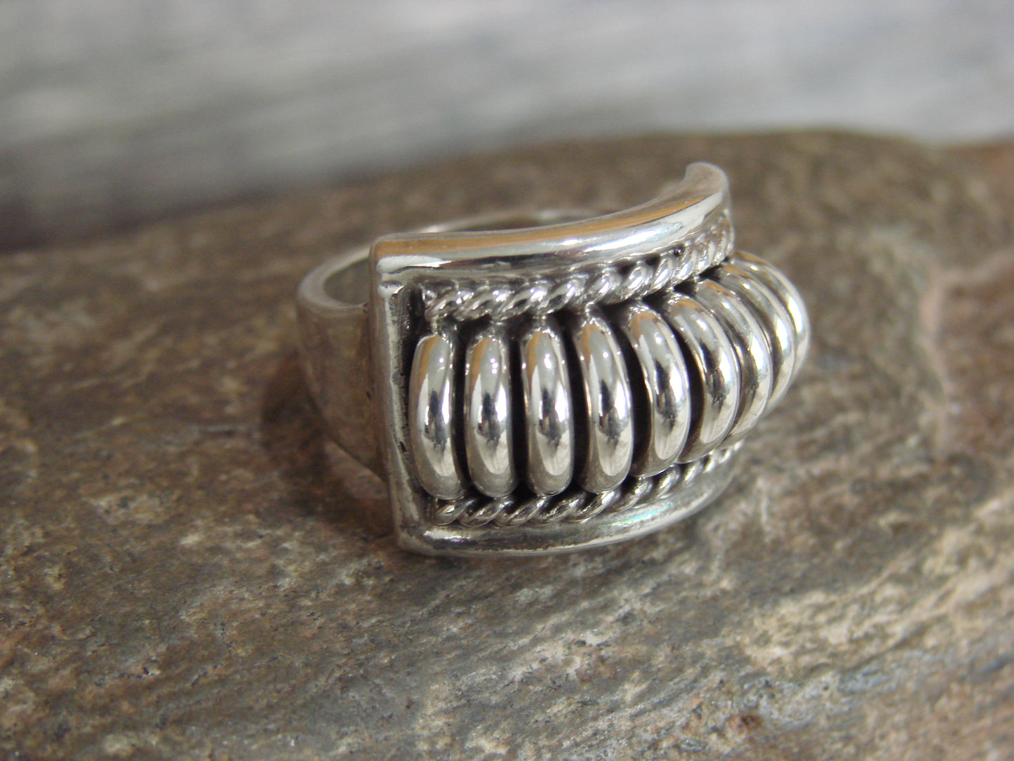 Navajo Sterling Silver Ribbed Melon Ring by Thomas Charley - Size 9