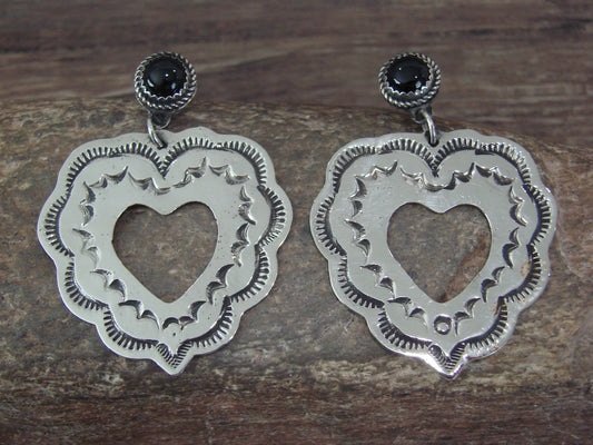 Navajo Indian Nickel Silver & Black Onyx Heart Dangle Post Earrings - Cleveland