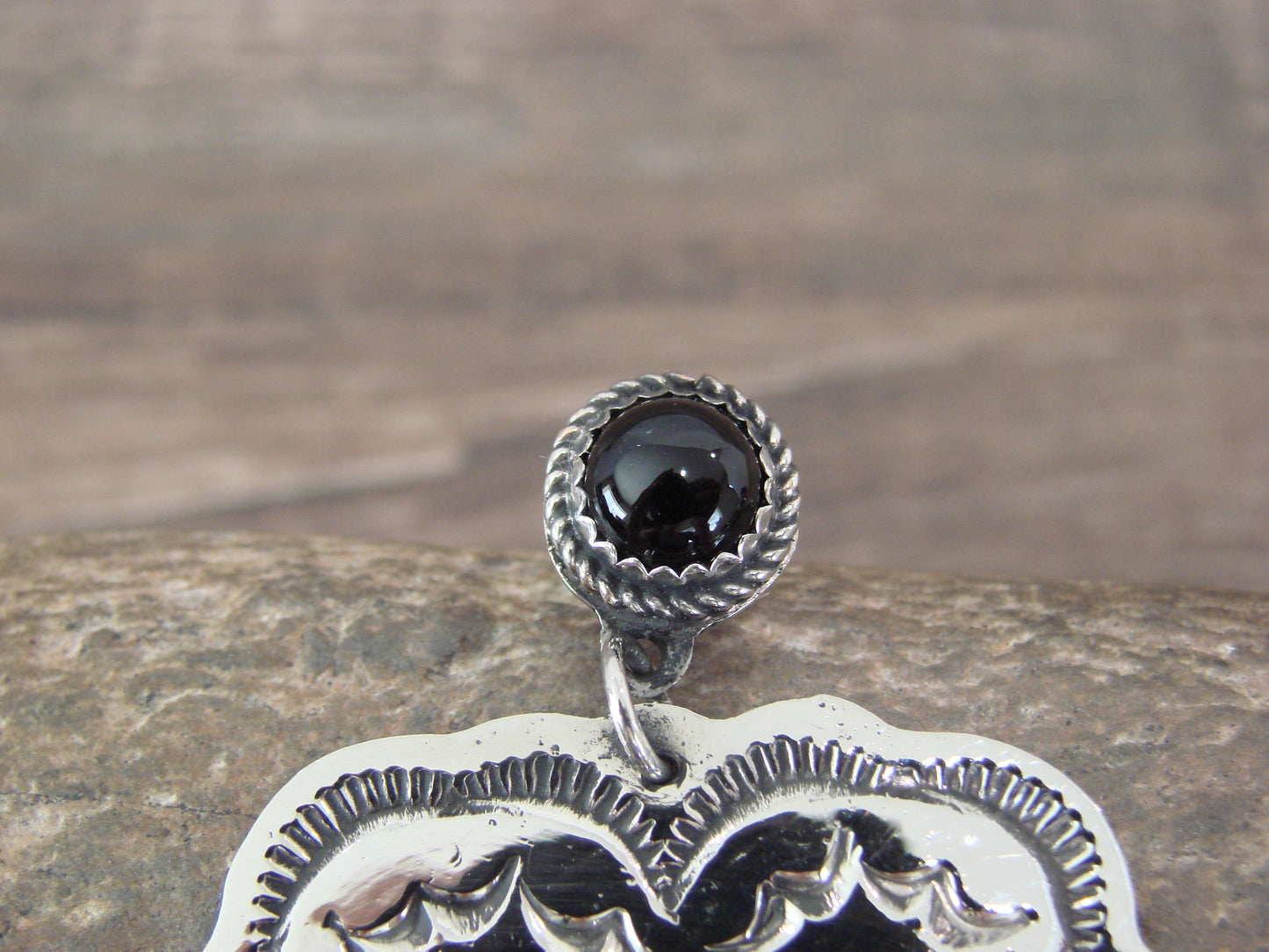 Navajo Indian Nickel Silver & Black Onyx Heart Dangle Post Earrings - Cleveland