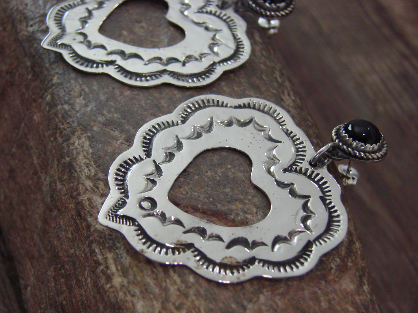 Navajo Indian Nickel Silver & Black Onyx Heart Dangle Post Earrings - Cleveland