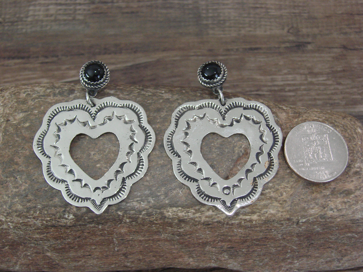 Navajo Indian Nickel Silver & Black Onyx Heart Dangle Post Earrings - Cleveland