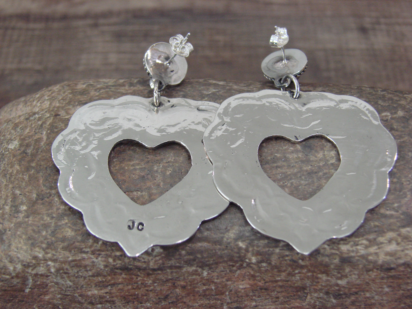 Navajo Indian Nickel Silver & Black Onyx Heart Dangle Post Earrings - Cleveland