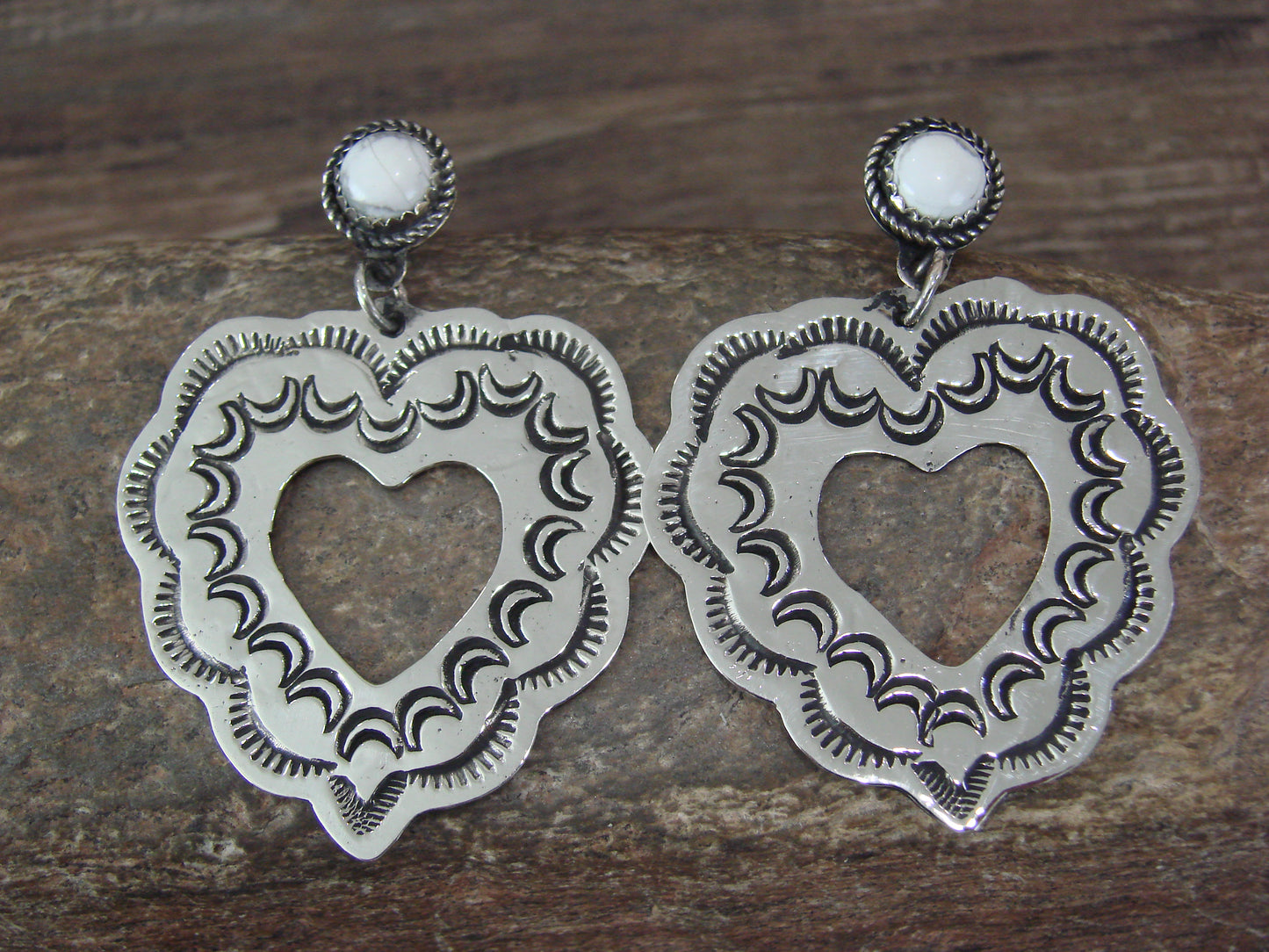 Navajo Indian Nickel Silver & Howlite Heart Dangle Post Earrings - Cleveland