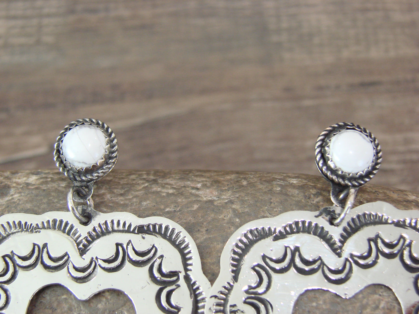 Navajo Indian Nickel Silver & Howlite Heart Dangle Post Earrings - Cleveland