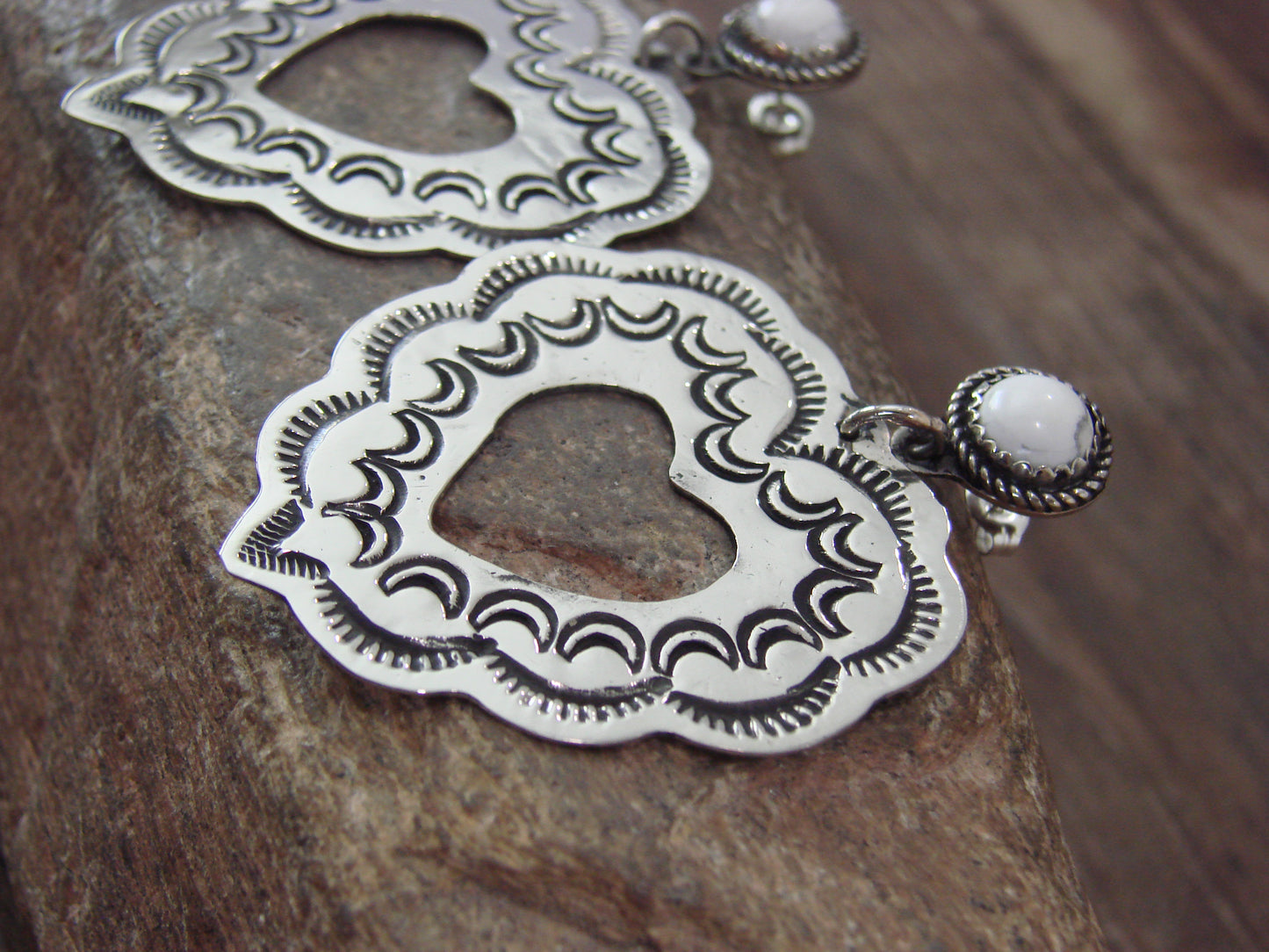 Navajo Indian Nickel Silver & Howlite Heart Dangle Post Earrings - Cleveland