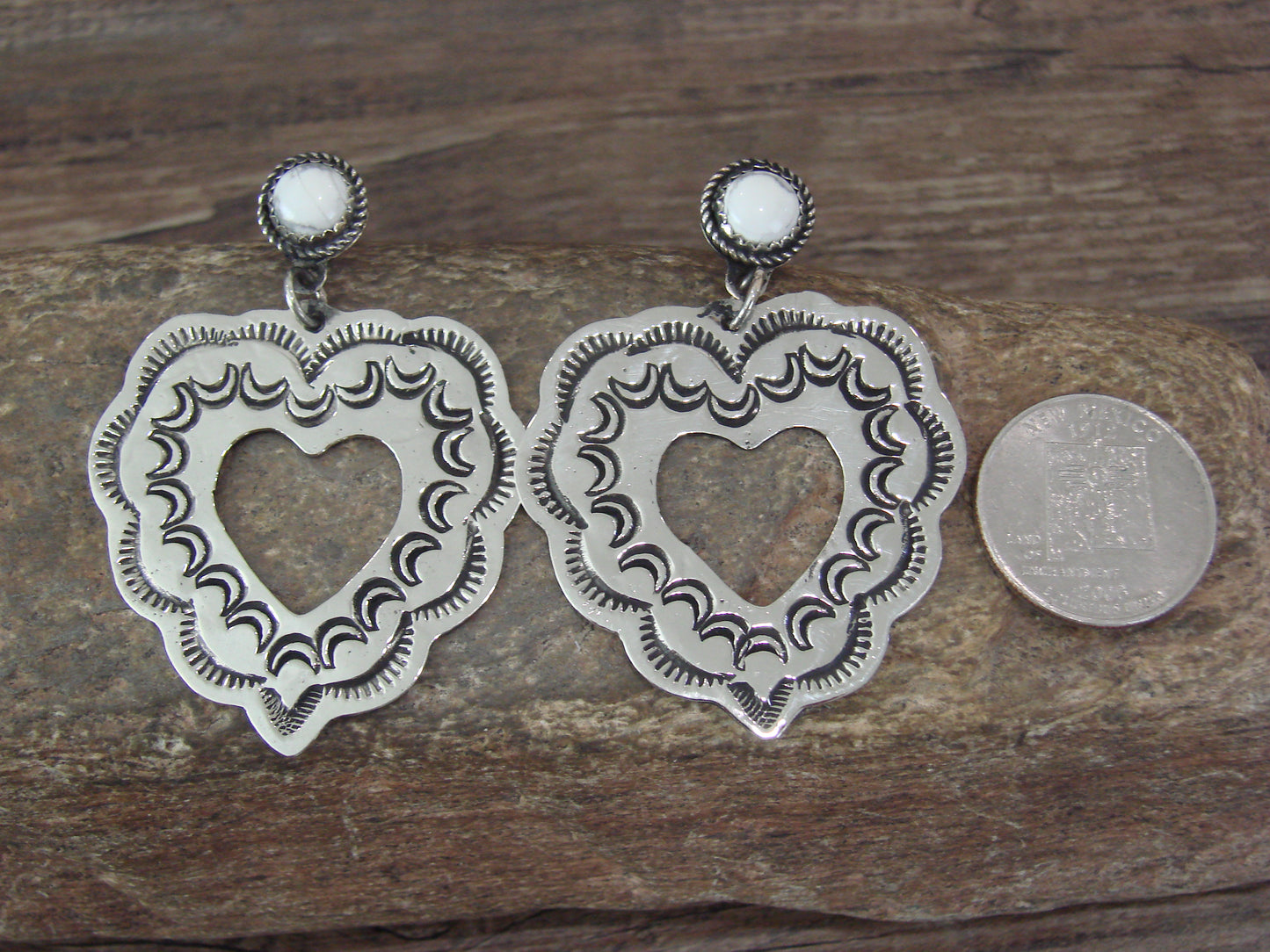 Navajo Indian Nickel Silver & Howlite Heart Dangle Post Earrings - Cleveland