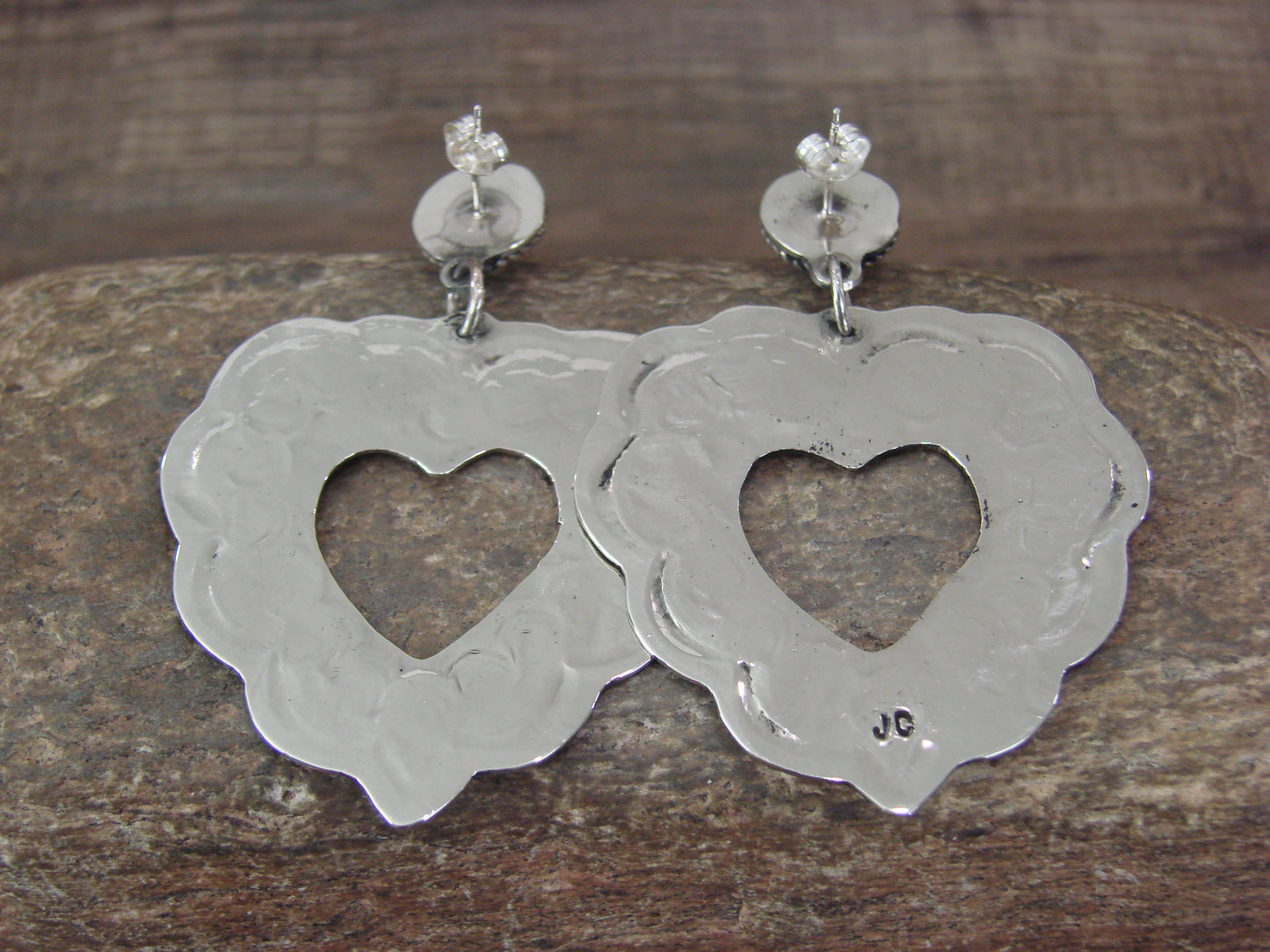 Navajo Indian Nickel Silver & Howlite Heart Dangle Post Earrings - Cleveland