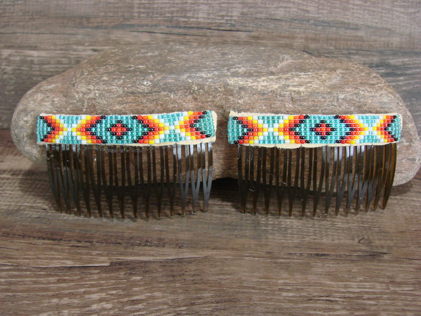 Navajo Indian Hand Beaded Hair Comb Set by Cleveland