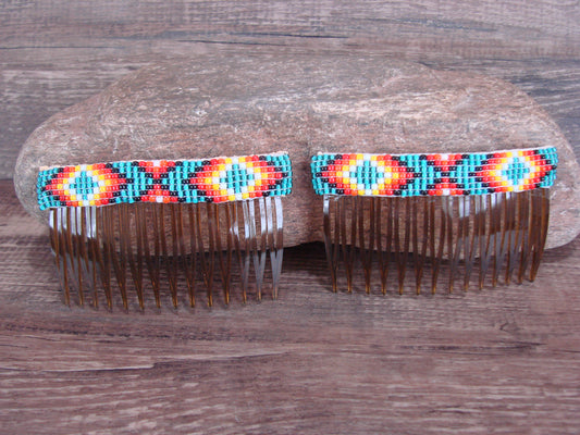 Navajo Indian Hand Beaded Hair Comb Set by Cleveland