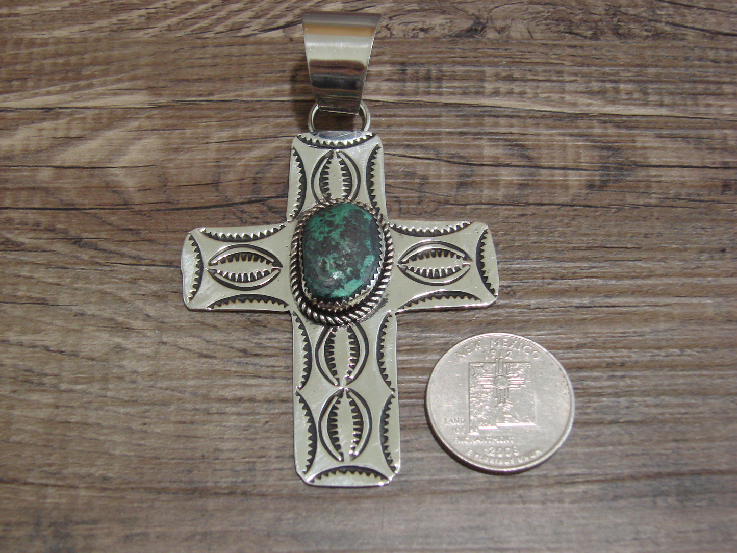 Large Navajo Nickel Silver & Turquoise Cross Pendant - Cleveland