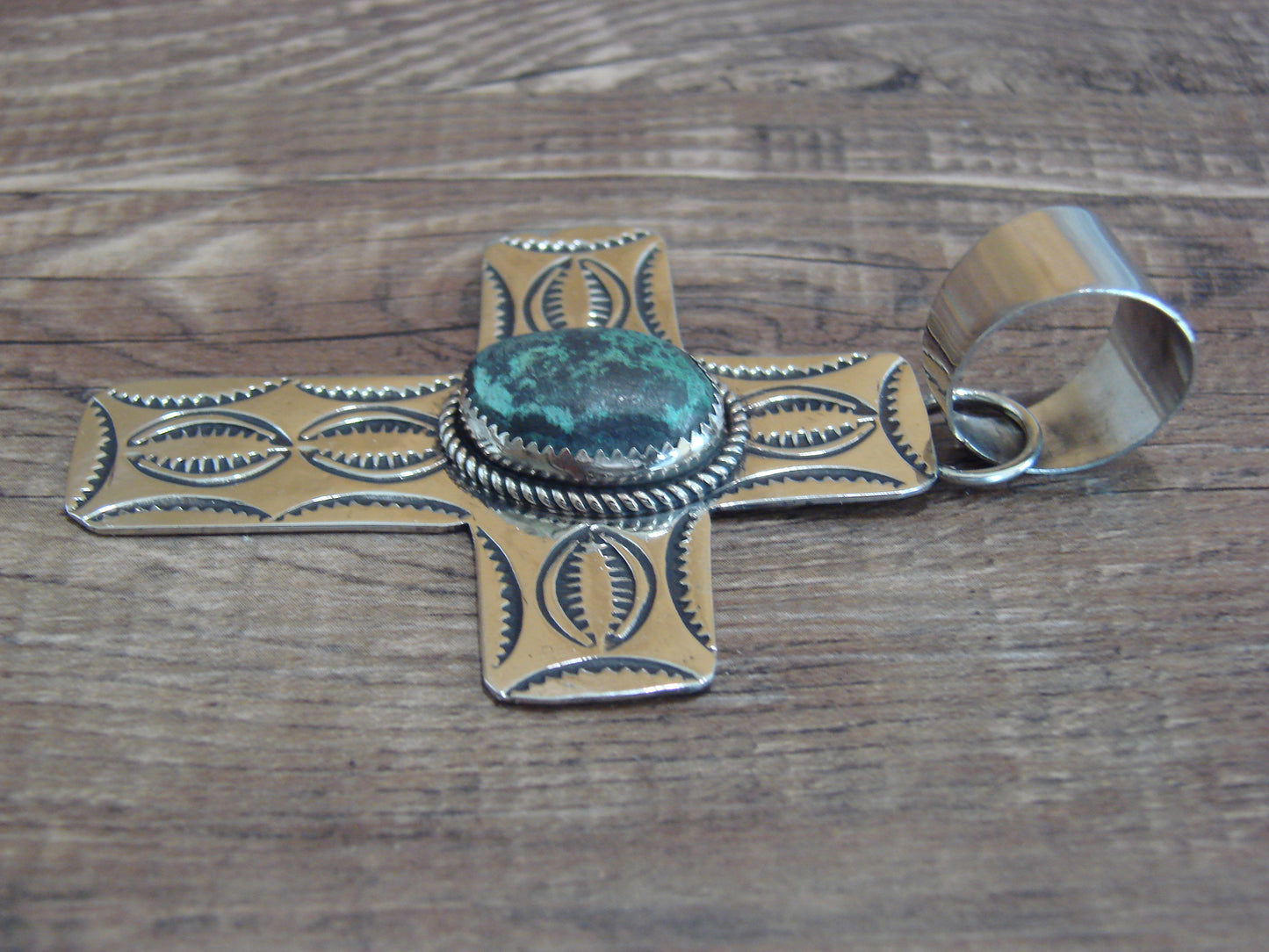 Large Navajo Nickel Silver & Turquoise Cross Pendant - Cleveland