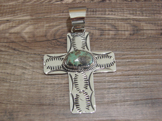 Large Navajo Nickel Silver & Turquoise Cross Pendant - Cleveland
