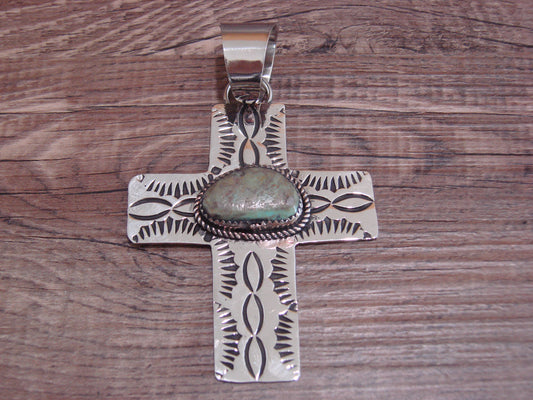 Large Navajo Nickel Silver & Turquoise Cross Pendant - Cleveland
