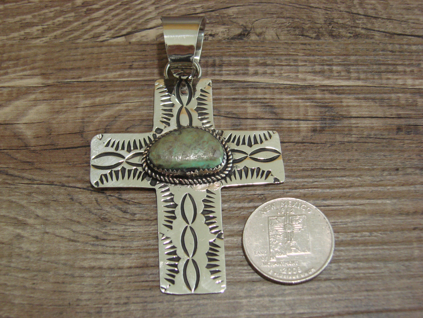 Large Navajo Nickel Silver & Turquoise Cross Pendant - Cleveland