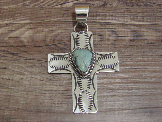 Large Navajo Nickel Silver & Turquoise Cross Pendant - Cleveland