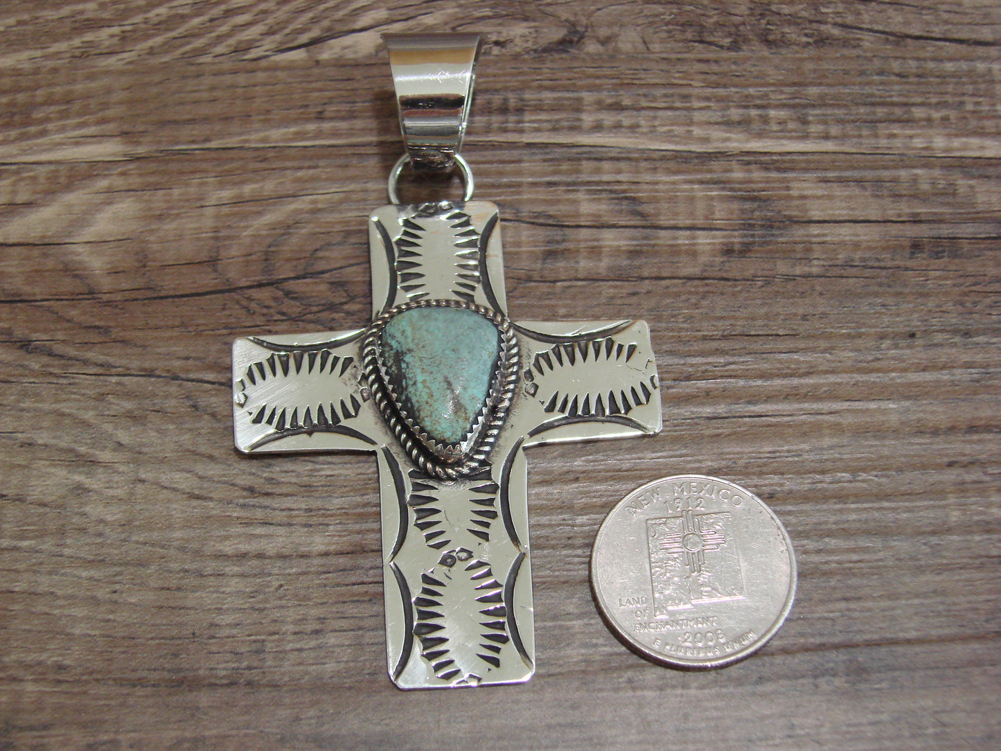 Large Navajo Nickel Silver & Turquoise Cross Pendant - Cleveland