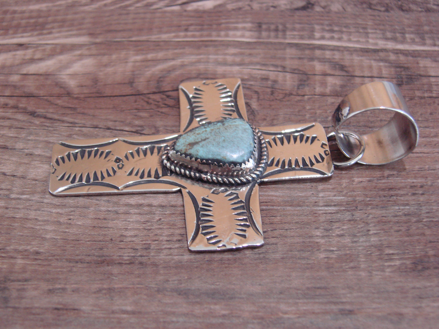Large Navajo Nickel Silver & Turquoise Cross Pendant - Cleveland