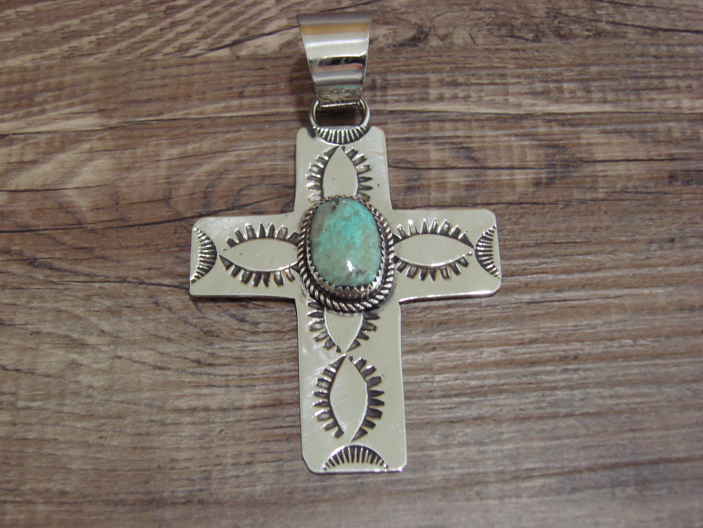 Large Navajo Nickel Silver & Turquoise Cross Pendant - Cleveland