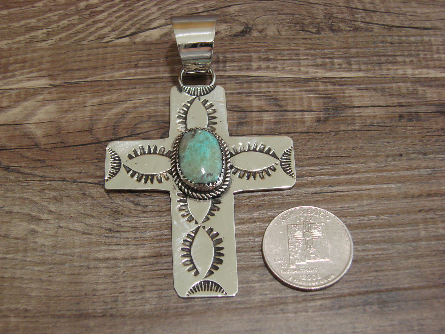 Large Navajo Nickel Silver & Turquoise Cross Pendant - Cleveland
