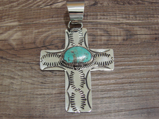 Large Navajo Nickel Silver & Turquoise Cross Pendant - Cleveland