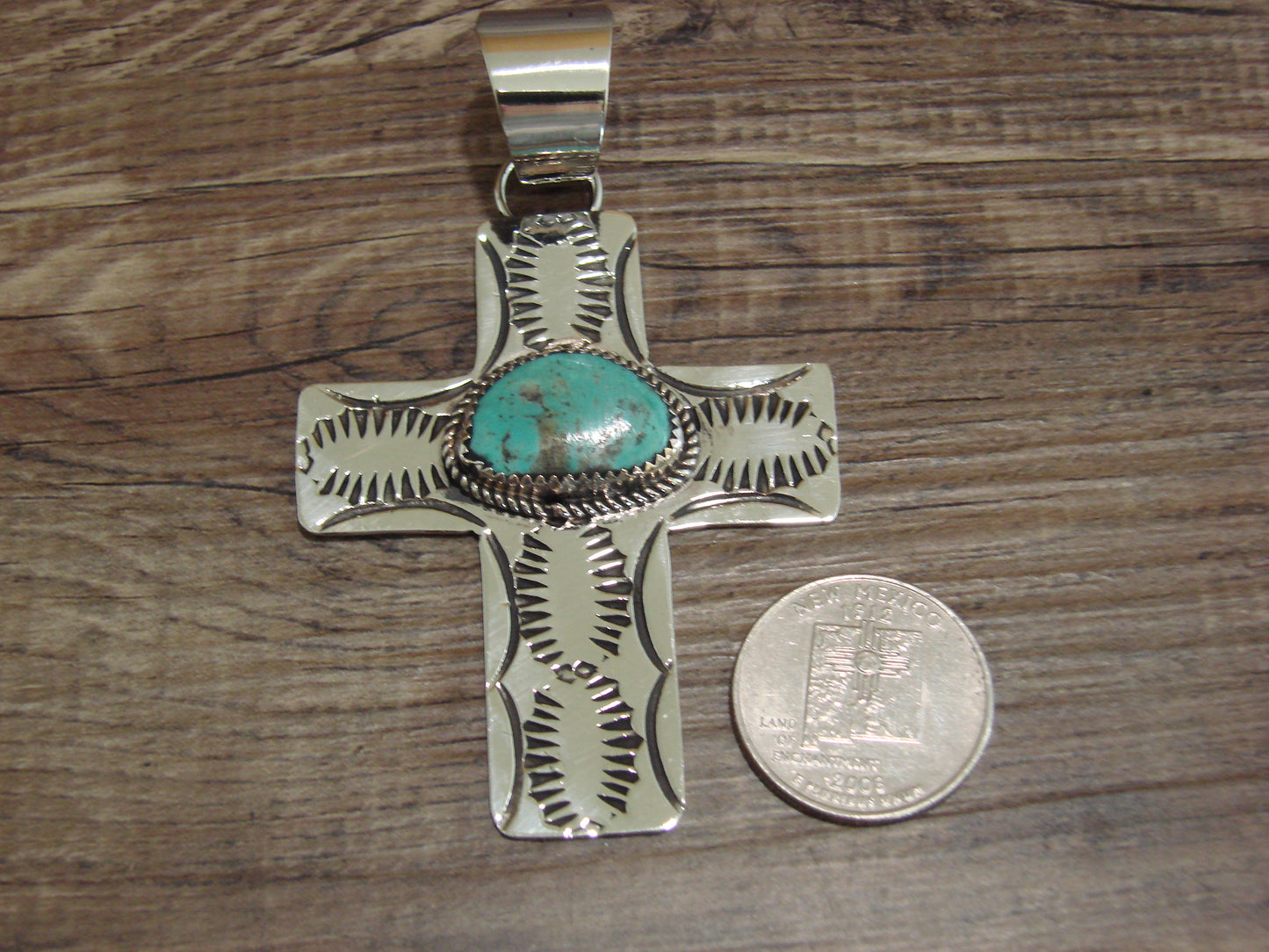 Large Navajo Nickel Silver & Turquoise Cross Pendant - Cleveland