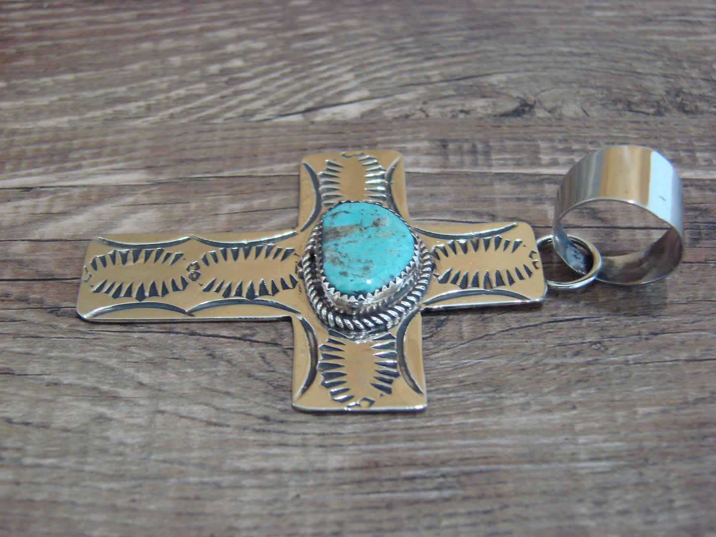 Large Navajo Nickel Silver & Turquoise Cross Pendant - Cleveland