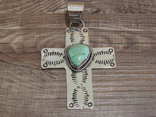 Large Navajo Nickel Silver & Turquoise Cross Pendant - Cleveland