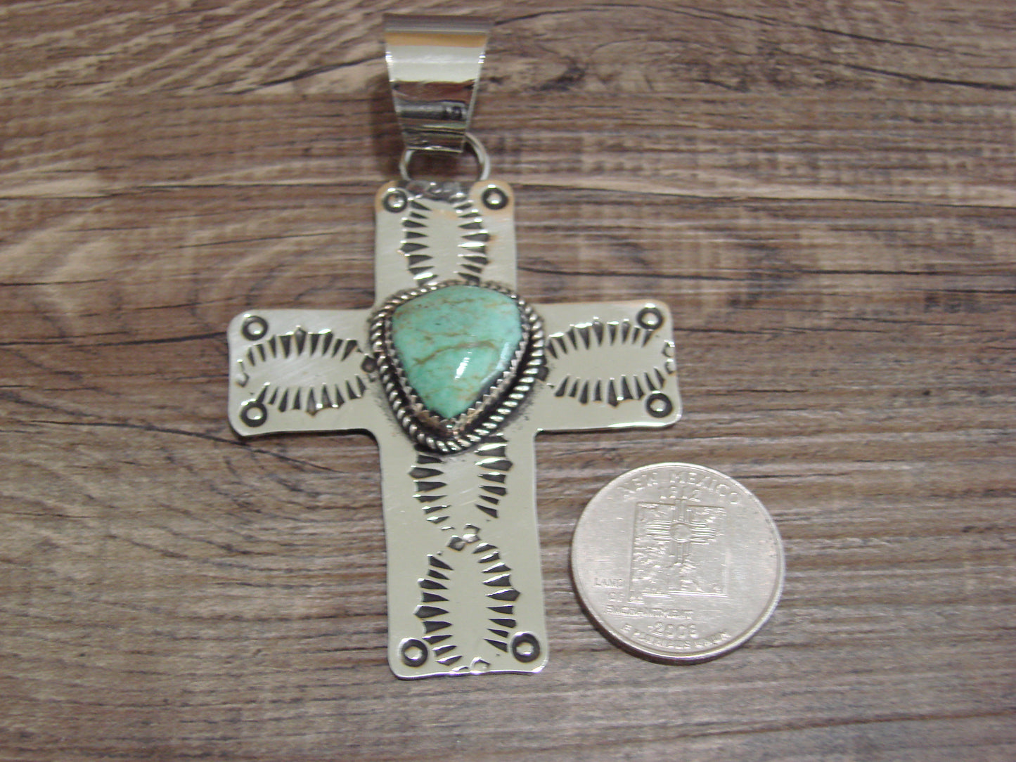 Large Navajo Nickel Silver & Turquoise Cross Pendant - Cleveland