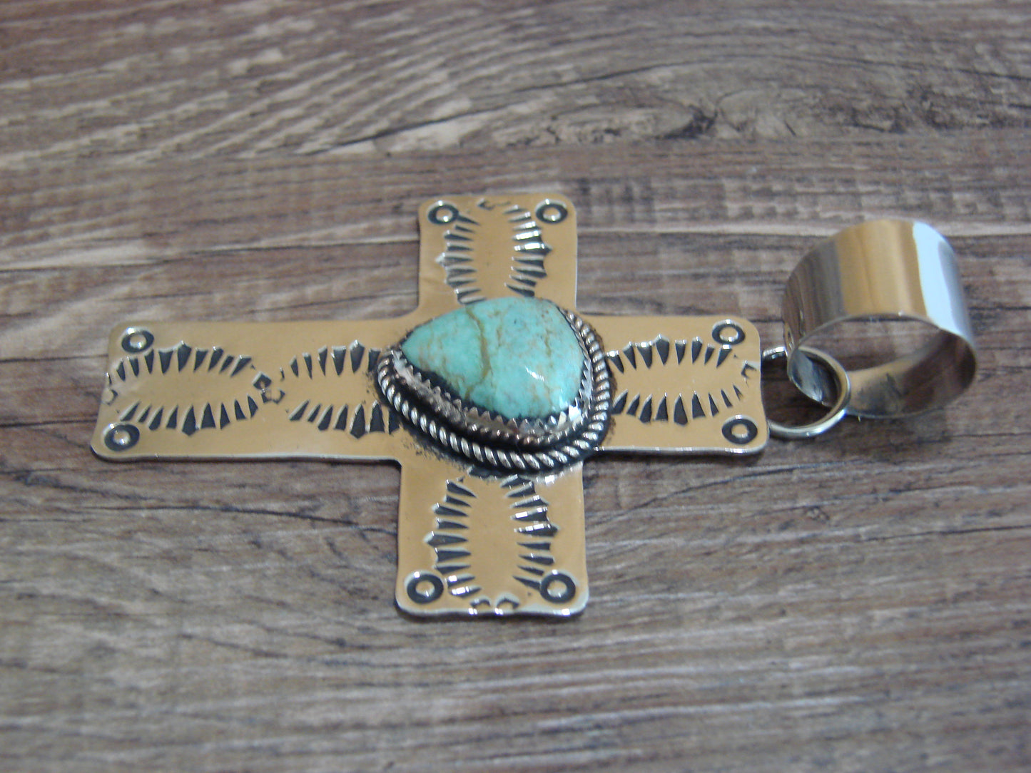 Large Navajo Nickel Silver & Turquoise Cross Pendant - Cleveland