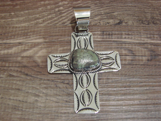 Large Navajo Nickel Silver & Turquoise Cross Pendant - Cleveland