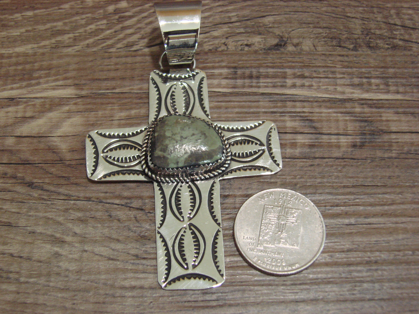 Large Navajo Nickel Silver & Turquoise Cross Pendant - Cleveland