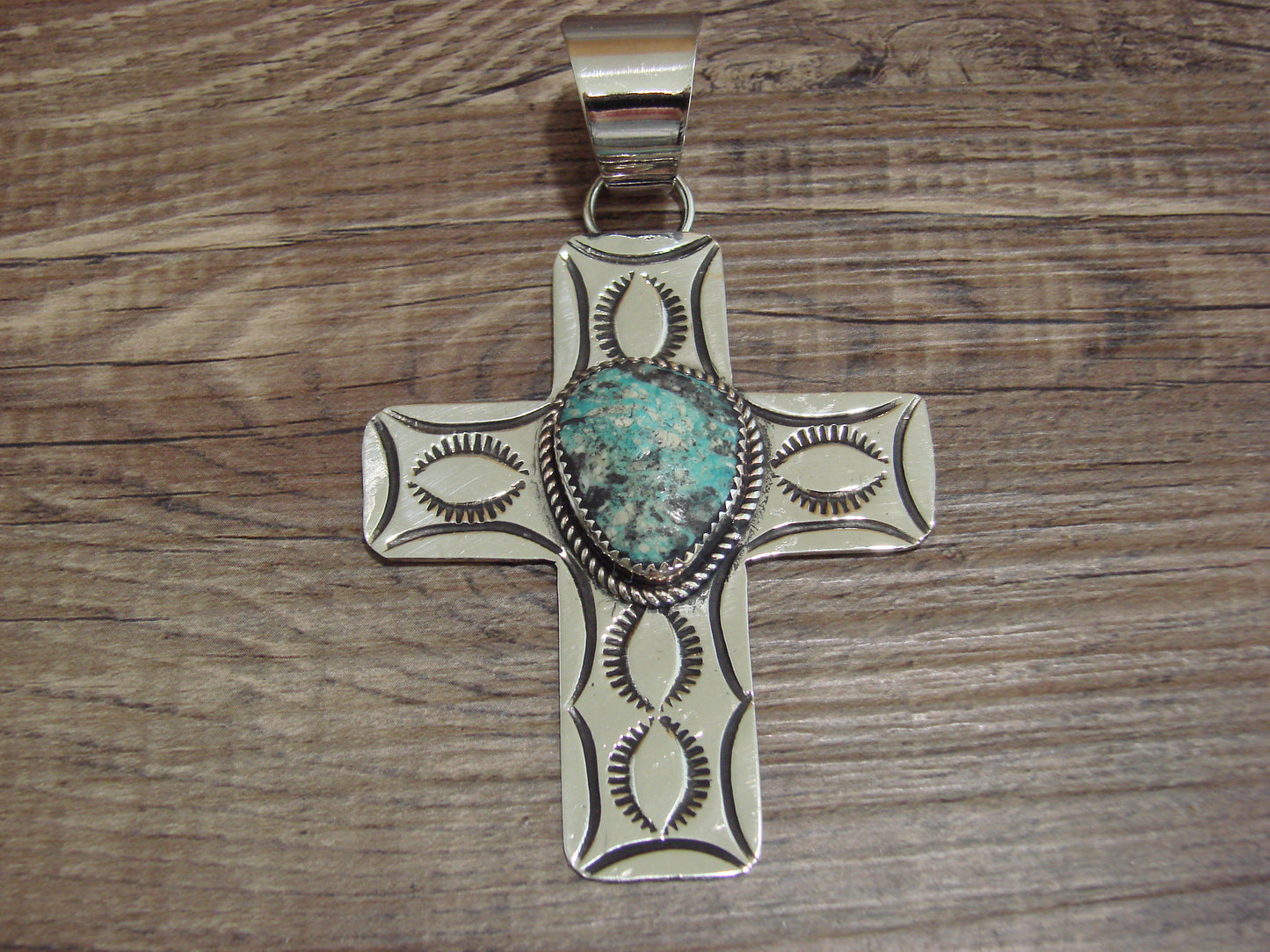 Large Navajo Nickel Silver & Turquoise Cross Pendant - Cleveland
