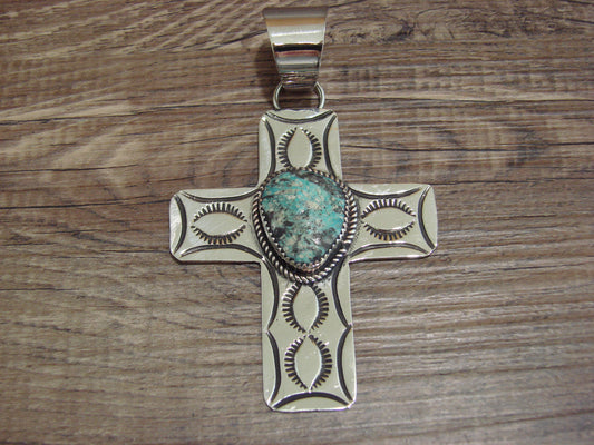 Large Navajo Nickel Silver & Turquoise Cross Pendant - Cleveland