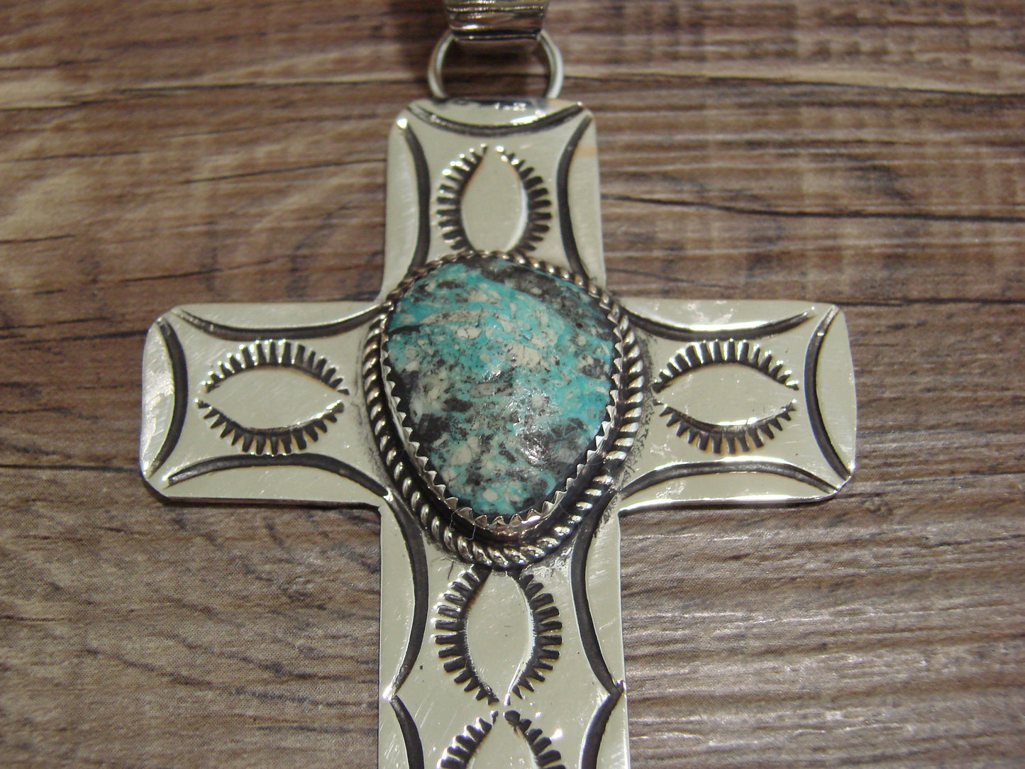 Large Navajo Nickel Silver & Turquoise Cross Pendant - Cleveland