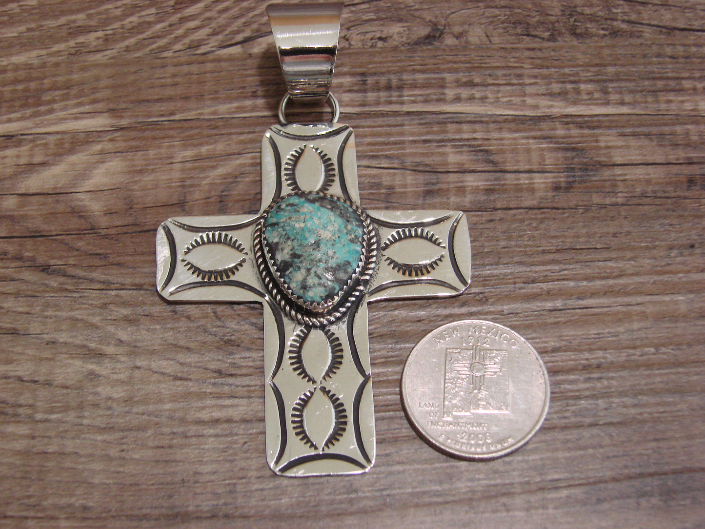 Large Navajo Nickel Silver & Turquoise Cross Pendant - Cleveland