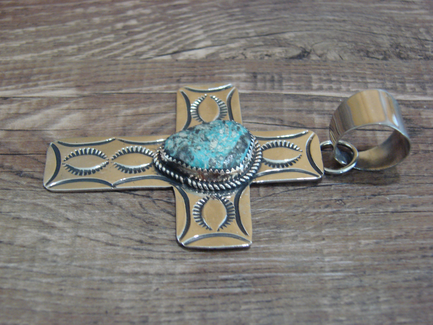 Large Navajo Nickel Silver & Turquoise Cross Pendant - Cleveland