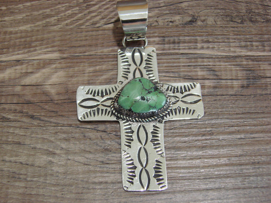 Large Navajo Nickel Silver & Turquoise Cross Pendant - Cleveland