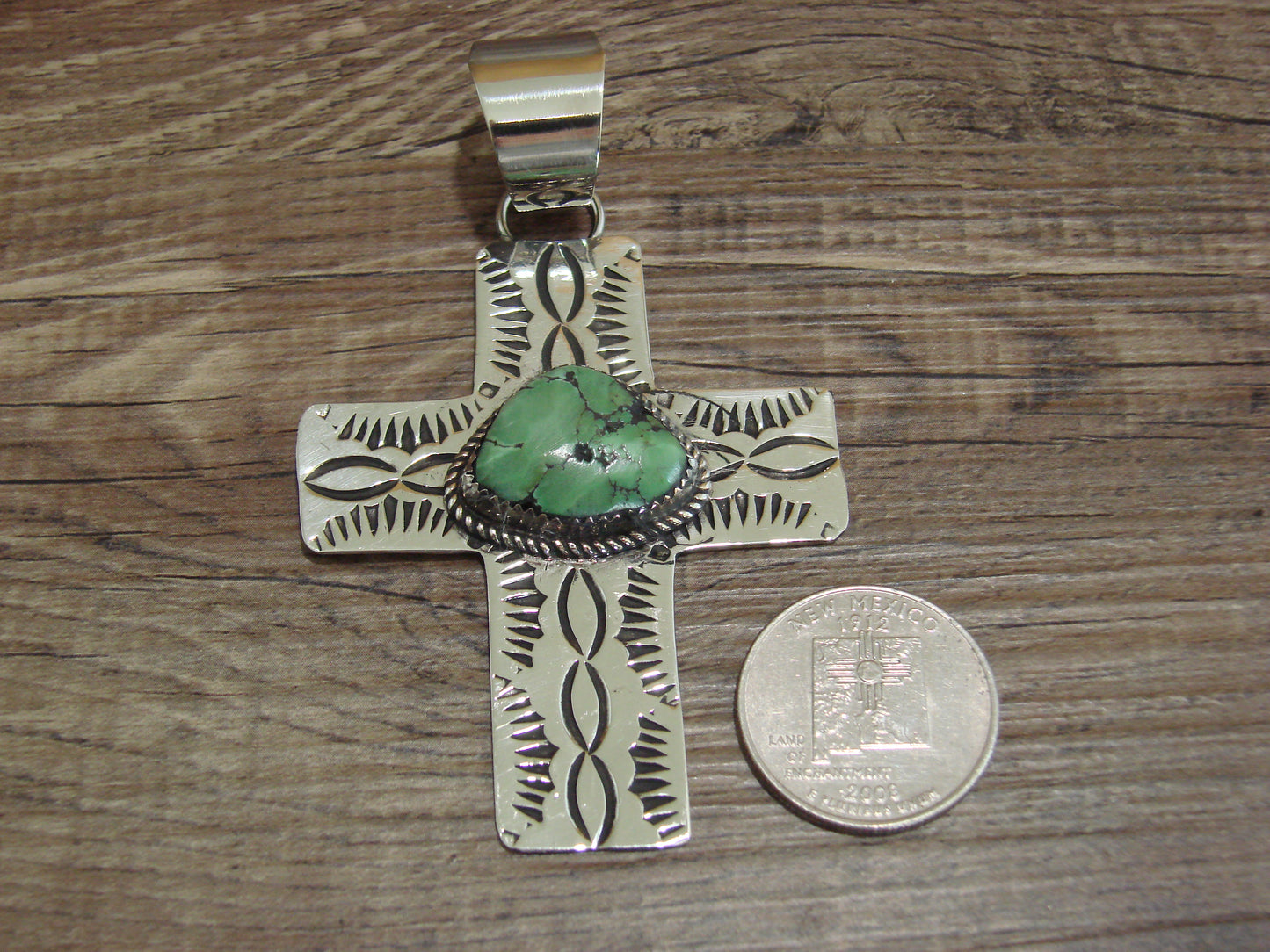 Large Navajo Nickel Silver & Turquoise Cross Pendant - Cleveland