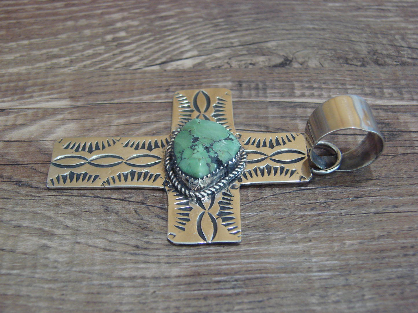 Large Navajo Nickel Silver & Turquoise Cross Pendant - Cleveland