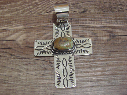 Large Navajo Nickel Silver & Turquoise Cross Pendant - Cleveland