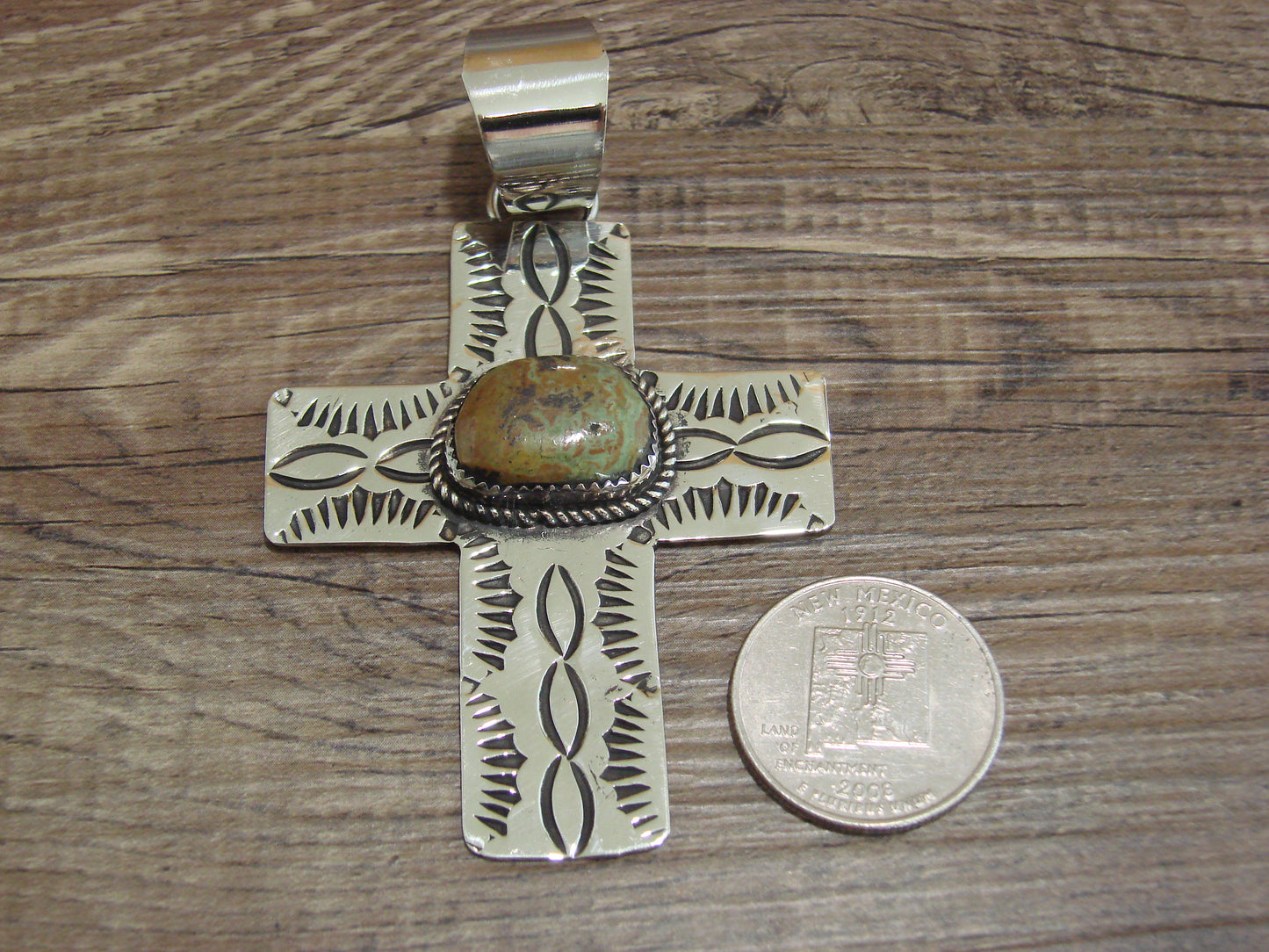 Large Navajo Nickel Silver & Turquoise Cross Pendant - Cleveland