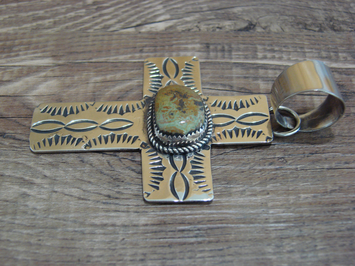 Large Navajo Nickel Silver & Turquoise Cross Pendant - Cleveland